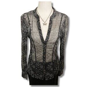 MEXX Sheer black grey geometric tribal print v-neck blouse ~  SMALL MEDIUM shirt